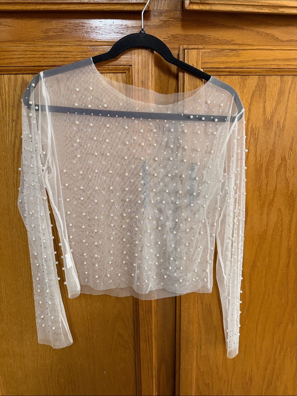 Sheer Pearl-Embellished Long Sleeve Top - White